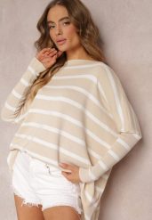 Beżowy Oversizowy Sweter z Rękawami o Fasonie Nietoperz i Wzorem w Paski Eistauma. Brązowe swetry klasyczne damskie Renee, bez kołnierzyka. Za 99.99 zł.