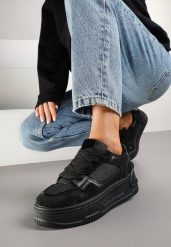 Czarne Sneakersy na Platformie Ozdobionej Tłoczeniem Deovithra. Czarne obuwie sportowe damskie Renee, z jeansu, bez zapięcia. Za 79.99 zł.