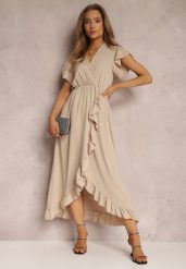 Beżowa Sukienka Morleo. Brązowe sukienki damskie Renee, bez wzorów, eleganckie, bez ramiączek. W wyprzedaży za 67.99 zł.