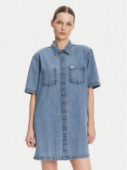 Guess Sukienka jeansowa W5GK99 D5M81 Niebieski Regular Fit. Niebieskie sukienki damskie Guess, z aplikacjami, z bawełny, bez ramiączek. Za 307.00 zł.
