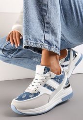 Niebieskie Sneakersy z Cekinami i Brokatem na Grubej Podeszwie Mabirra. Niebieskie obuwie sportowe damskie Renee, z jeansu, bez zapięcia. Za 89.99 zł.
