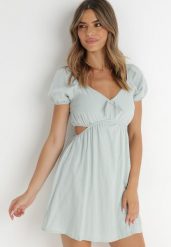 Miętowa Sukienka Roatta. Zielone sukienki damskie Born2be, bez wzorów, z bawełny, bez ramiączek. Za 139.99 zł.