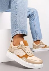 Beżowe Sneakersy Ozdobione Wstawką z Tweedowego Materiału Saini. Brązowe obuwie sportowe damskie Renee, bez zapięcia. Za 79.99 zł.