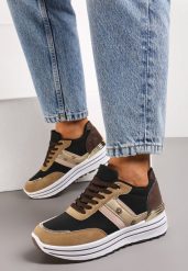 Brązowe Sneakersy z Dekoracyjnymi Wstawkami na Platformie w Paski Letorra. Brązowe obuwie sportowe damskie Renee, z jeansu, bez zapięcia. Za 79.99 zł.