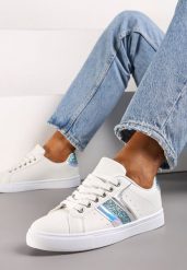 Biało-Niebieskie Casualowe Sneakersy z Brokatem i Metalicznym Zdobieniem Tidalis. Białe obuwie sportowe damskie Renee, z materiału, bez zapięcia. Za 69.99 zł.
