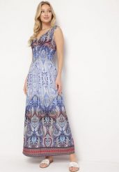 Niebieska Sukienka Boho na Lato ze Sznurkami na Ramionach i Gumką w Talii Aharleta. Niebieskie sukienki damskie Born2be, bez wzorów, boho, bez ramiączek. Za 79.99 zł.