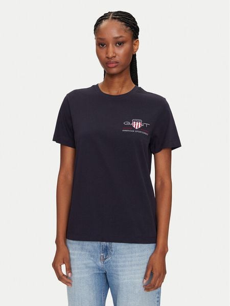 Gant T-Shirt Bisiklet Yaka 4200277 Granatowy Regular Fit. Niebieskie t-shirty damskie Gant, m, bez wzorów, z bawełny, bez kołnierzyka. Za 129.99 zł.