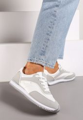 Szare Sneakersy na Płaskiej Podeszwie z Metalicznym Wykończeniem Zelmora. Białe obuwie sportowe damskie Renee, z materiału, bez zapięcia. Za 79.99 zł.