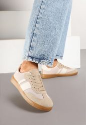 Ciemnobeżowe Sneakersy Tenisówki z Ozdobnymi Paskami Nelidi. Brązowe obuwie sportowe damskie Born2be, bez wzorów, z jeansu, bez zapięcia. Za 74.99 zł.
