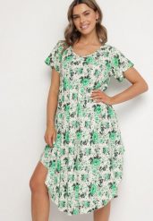 Zielona Sukienka Bawełniana z Asymetrycznym Dołem w Kwiatki Nativienne. Zielone sukienki damskie Born2be, bez wzorów, z bawełny, eleganckie, bez ramiączek. Za 69.99 zł.