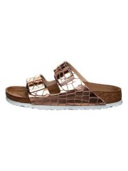 Birkenstock Klapki "Arizona" w kolorze różowozłotym rozmiar: 36. Różowe klapki damskie Birkenstock, bez wzorów, z otwartym noskiem, bez obcasa, bez zapięcia. Za 358.45 zł.