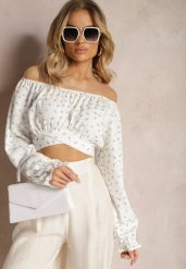 Biała Bluzka w Kwiatowy Print z Wiązaniem pod Biustem Dequoia. Białe bluzki damskie Renee, bez wzorów, bez kołnierzyka, bez ramiączek. Za 49.99 zł.