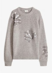 Sweter z aplikacją. Szare swetry klasyczne damskie bonprix, bez kołnierzyka. Za 169.99 zł.