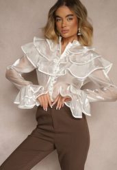 Biała Koszula Ozdobiona Falbankami Ridina. Białe koszule damskie Renee, m, bez wzorów, z jeansu, eleganckie, bez kołnierzyka, bez ramiączek. Za 59.99 zł.