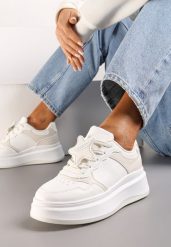 Biało-Beżowe Sneakersy na Platformie z Odpinaną Gwiazdką Ekaria. Białe obuwie sportowe damskie Renee, bez zapięcia. Za 99.99 zł.