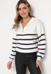 Biało-Granatowy Golf Sweter Zapinany na Suwak w Paski Sakine. Białe golfy damskie Born2be, m, bez wzorów, bez ramiączek. Za 129.99 zł.