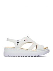 Rieker Sandały CEO-V44Y5-80 Biały. Białe sandały damskie Rieker, bez wzorów, ze skóry, bez obcasa, na koturnie, bez zapięcia. Za 319.99 zł.