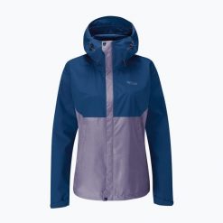 Kurtka przeciwdeszczowa damska Rab Downpour Eco. Niebieskie kurtki damskie RAB, bez wzorów, bez kaptura. Za 479.99 zł.