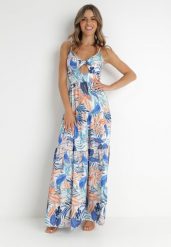 Niebieska Sukienka Gouin. Niebieskie sukienki damskie Born2be, z aplikacjami, eleganckie, bez ramiączek. Za 179.99 zł.