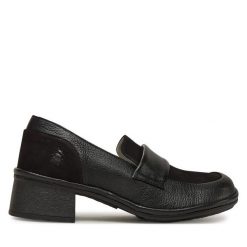 Półbuty Fly London. Czarne czółenka damskie Fly London, bez wzorów, bez obcasa, na obcasie, bez zapięcia. Za 479.99 zł.