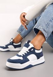 Biało-Granatowe Sneakersy na Grubej Podeszwie z Cholewką Przed Kostkę Alriel. Białe obuwie sportowe damskie Renee, przed kostkę, bez zapięcia. Za 89.99 zł.
