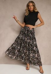 Czarna Kwiecista Spódnica Rozkloszowana z Plisami Zdobiona Metalicznym Nadrukiem Folonissa. Czarne spódnice damskie Renee, na co dzień, l, z aplikacjami, eleganckie, maxi. Za 54.99 zł.