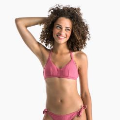 Góra kostiumu kąpielowego surfingowego damska Olaian Caro. Czerwone bikini OLAIAN, bez wzorów, z elastanu. W wyprzedaży za 24.99 zł.