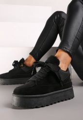 Czarne Sznurowane Sneakersy na Grubej Podeszwie z Futerkiem Vaitaly. Czarne obuwie sportowe damskie Born2be, z bawełny, bez zapięcia. Za 109.99 zł.