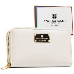 Portfel damski w typie piórnika ze skóry ekologicznej w białym kolorze, wyposażony w system RFID - Peterson. Białe portfele damskie Peterson, bez wzorów, ze skóry ekologicznej. Za 104.99 zł.