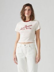 Levi's Koszulka w kolorze kremowo-czerwonym rozmiar: L. Brązowe bluzki damskie Levi's, l, bez wzorów, z bawełny, bez kołnierzyka, bez ramiączek. Za 83.42 zł.