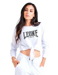 Luksusowa damska bluza wiązana z okrągłym dekoltem. Białe bluzy damskie LEONE 1947 APPAREL, na lato, l, z aplikacjami, z bawełny, z kapturem. Za 84.16 zł.