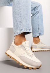 Beżowe Sznurowane Sneakersy na Podeszwie z Bieżnikiem Ozdobione Przeszyciami Flipa. Brązowe obuwie sportowe damskie Renee, bez zapięcia. Za 89.99 zł.