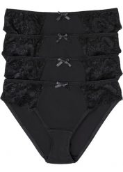 Figi z miękką bawełną i koronką (4 pary). Czarne figi bonprix, bez wzorów, z bawełny. Za 64.99 zł.