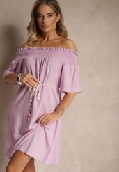 Fioletowa Sukienka Hiszpanka z Bawełną i Wiskozą Ozdobiona Sznurkiem Lilarelle. Fioletowe sukienki damskie Renee, bez wzorów, z bawełny, eleganckie, bez ramiączek. W wyprzedaży za 47.99 zł.