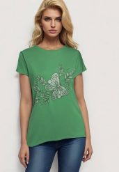 Zielony Klasyczny Bawełniany T-shirt z Nadrukiem Wiloa. Zielone t-shirty damskie Born2be, xl, bez wzorów, z bawełny, bez kołnierzyka. Za 34.99 zł.