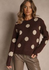 Brązowy Sweter z Wełną o Prostym Kroju w Grochy Fenilevia. Brązowe swetry klasyczne damskie Renee, z jeansu, bez kołnierzyka. Za 149.99 zł.