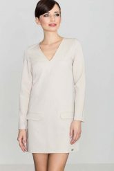 Prosta Beżowa Sukienka z Ozdobnymi Patkami z Długim Rękawem. Brązowe sukienki damskie Katrus, bez wzorów, z materiału, bez ramiączek. Za 249.00 zł.