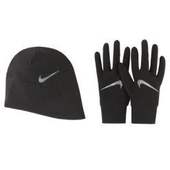 Komplet damski do biegania czapka i rękawiczki Nike Women's Hat and Glove Set. Czarne czapki damskie Nike, bez wzorów. Za 252.50 zł.