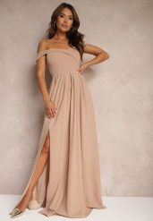 Ciemnobeżowa Elegancka Długa Sukienka Hiszpanka Wykończona Rozcięciem na Dole Idelia. Brązowe sukienki damskie Renee, bez wzorów, z materiału, eleganckie, bez ramiączek. W wyprzedaży za 135.99 zł.