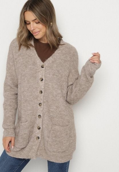 Brązowy Kardigan z Domieszką Wełny ze Wsuwanymi Kieszeniami Esaiana. Brązowe kardigany damskie Born2be, plus size, bez wzorów, z dzianiny. Za 124.99 zł.