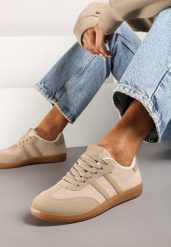 Ciemnobeżowe Casualowe Sneakersy z Ekozamszu na Płaskiej Podeszwie Pemeriana. Brązowe obuwie sportowe damskie Renee, z materiału, bez zapięcia. Za 89.99 zł.