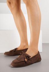 Brązowe Mokasyny z Koralikami Kokardą i Frędzlami Nahda. Brązowe mokasyny damskie Renee, z jeansu, bez obcasa. Za 89.99 zł.