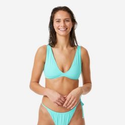 Góra stroju kąpielowego Roxy trójkąt. Niebieskie bikini Roxy, bez wzorów, z materiału. Za 79.99 zł.