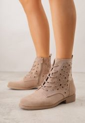Ciemnobeżowe Sznurowane Botki z Ażurową Cholewką Zeliana. Brązowe botki damskie Born2be, z jeansu, klasyczne, bez obcasa, na płaskiej podeszwie, bez zapięcia. Za 119.99 zł.
