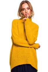 Sweter damski oversize asymetryczny sweter z wełną żólty. Żółte swetry klasyczne damskie Polskie swetry, na zimę, l, z dzianiny, z asymetrycznym kołnierzem. Za 259.00 zł.