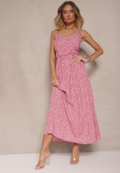 Różowa Rozkloszowana Sukienka z Bawełny na Ramiączkach Jenarissea. Czerwone sukienki damskie Renee, bez wzorów, z bawełny, eleganckie, bez ramiączek. W wyprzedaży za 39.99 zł.
