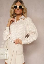 Beżowa Koszula z Długim Rękawem Zapinana na Guziki z Kieszonką Vloenni. Brązowe koszule damskie Renee, l, bez wzorów, eleganckie, bez kołnierzyka, plus size, bez ramiączek. Za 119.99 zł.