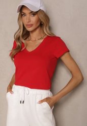 Czerwony Bawełniany T-shirt z Trójkątnym Dekoltem Linalitia. Czerwone t-shirty damskie Renee, l, bez wzorów, z bawełny, bez kołnierzyka. Za 44.99 zł.