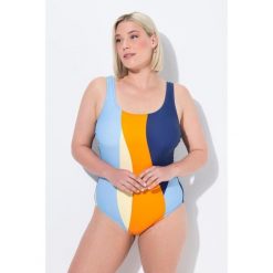Damskie Strój kąpielowy szerokie kolorowe pasy bez miękkich miseczek. Niebieskie stroje jednoczęściowe Ulla Popken, bez wzorów, z elastanu. Za 199.99 zł.