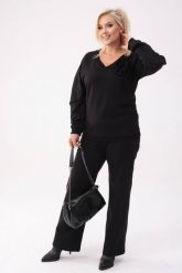 Bawełniany czarny komplet dresowy Comfy - bluza z różą + długie spodnie PLUS SIZE XXL OVERSIZE JESIEŃ. Czarne bluzy damskie Moda Size Plus Iwanek, na jesień, plus size, z aplikacjami, z bawełny, bez kaptura. Za 349.90 zł.